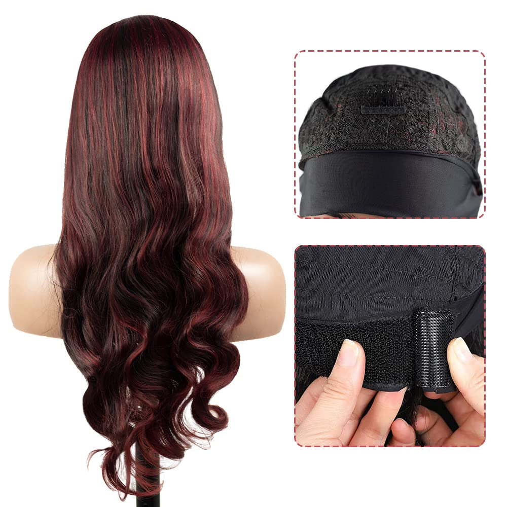 #1B/99J Highlight Headband Wig Human Hair Burgundy 150% Density Brazilain Virgin Hair Glueless None Lace Wig Machine Made Headband Wig 30 Inch Body Wave Red Headband Wig Human Hair