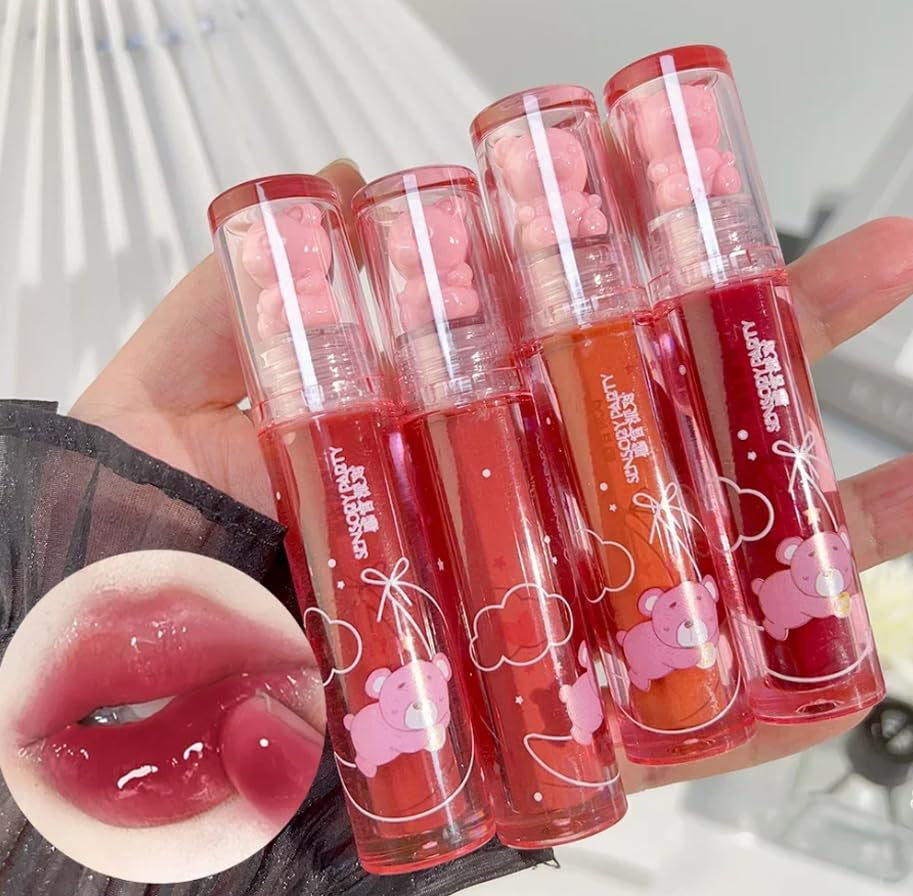 4Pcs Bear Lip Glaze Jelly Lipgloss,Liquid Lipstick Cute Bear Lipgloss Moisturizing Lip Stain Plumping Water Lip Gloss,Waterproof Juicy Lasting Tint Lip Gloss Set,Vivid Color,Glossy Finish