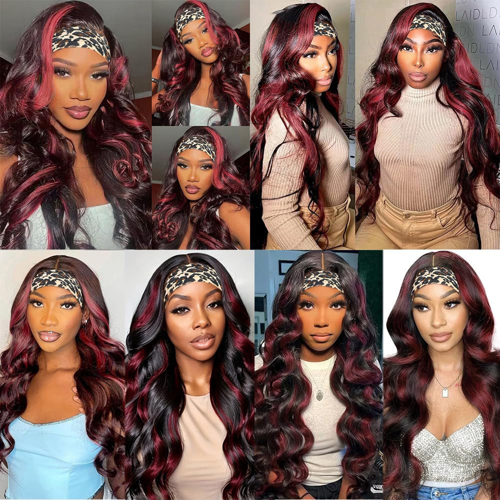 #1B/99J Highlight Headband Wig Human Hair Burgundy 150% Density Brazilain Virgin Hair Glueless None Lace Wig Machine Made Headband Wig 30 Inch Body Wave Red Headband Wig Human Hair