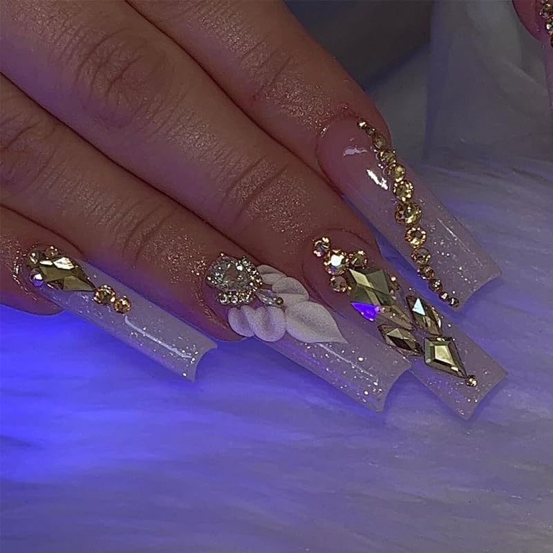 Medium Press on Nails Almond Ombre White Pink Silver Fake Nails Rhinestone Bling Glue on Nails Women Cute Stick on Nails for Acrylic Gel False Nails Wedding Birthday