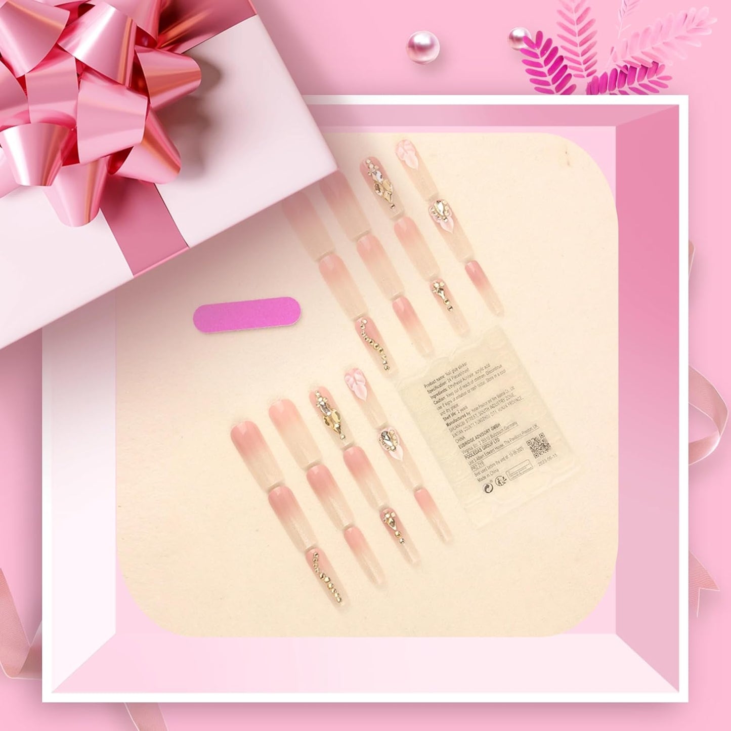 Medium Press on Nails Almond Ombre White Pink Silver Fake Nails Rhinestone Bling Glue on Nails Women Cute Stick on Nails for Acrylic Gel False Nails Wedding Birthday