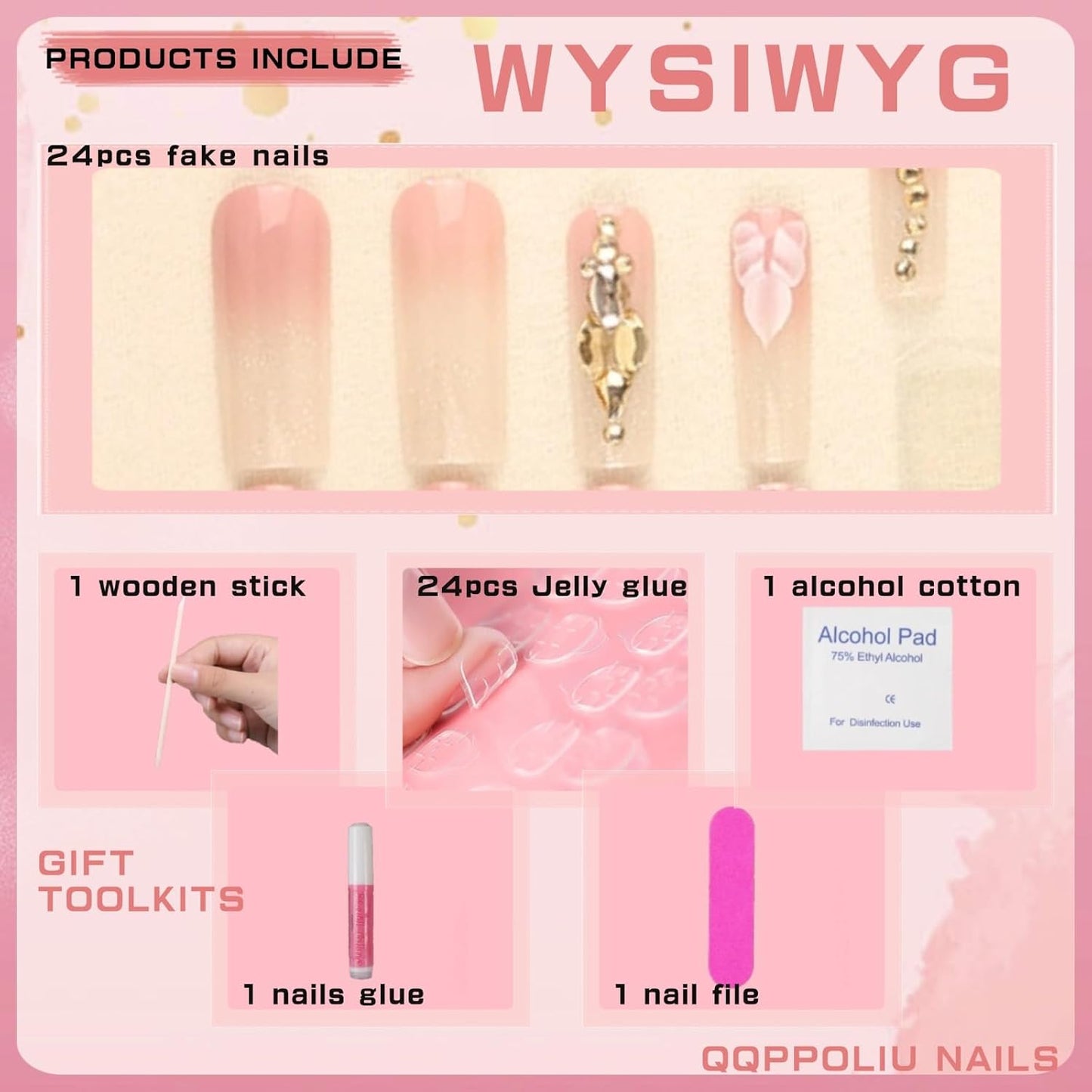 Medium Press on Nails Almond Ombre White Pink Silver Fake Nails Rhinestone Bling Glue on Nails Women Cute Stick on Nails for Acrylic Gel False Nails Wedding Birthday