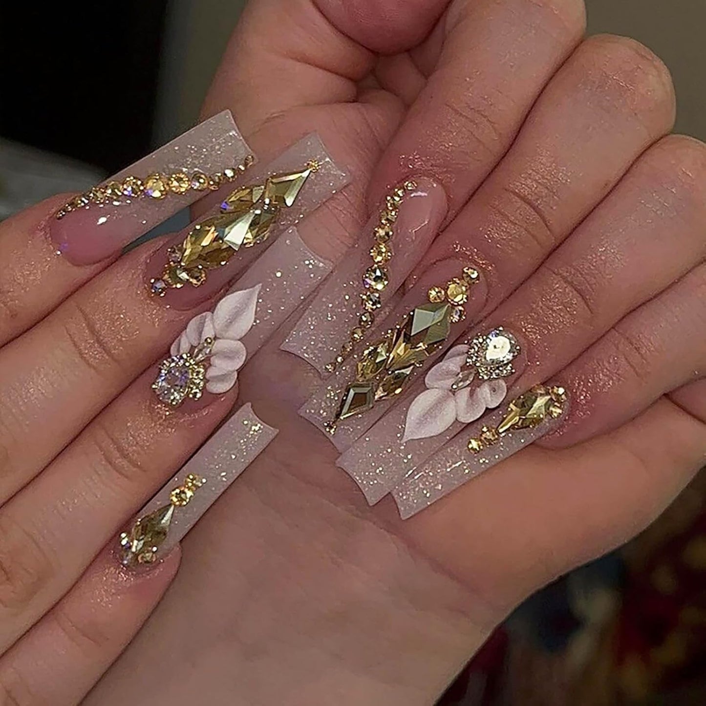 Medium Press on Nails Almond Ombre White Pink Silver Fake Nails Rhinestone Bling Glue on Nails Women Cute Stick on Nails for Acrylic Gel False Nails Wedding Birthday