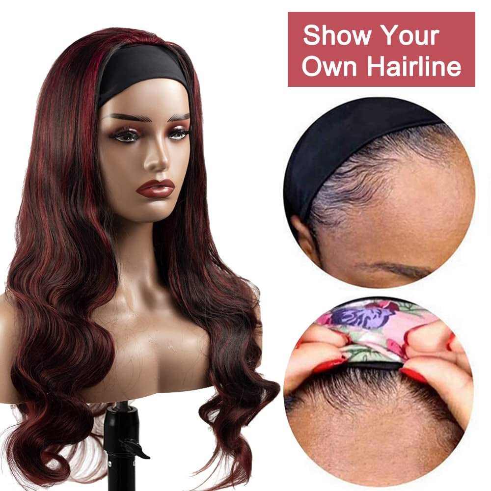 #1B/99J Highlight Headband Wig Human Hair Burgundy 150% Density Brazilain Virgin Hair Glueless None Lace Wig Machine Made Headband Wig 30 Inch Body Wave Red Headband Wig Human Hair