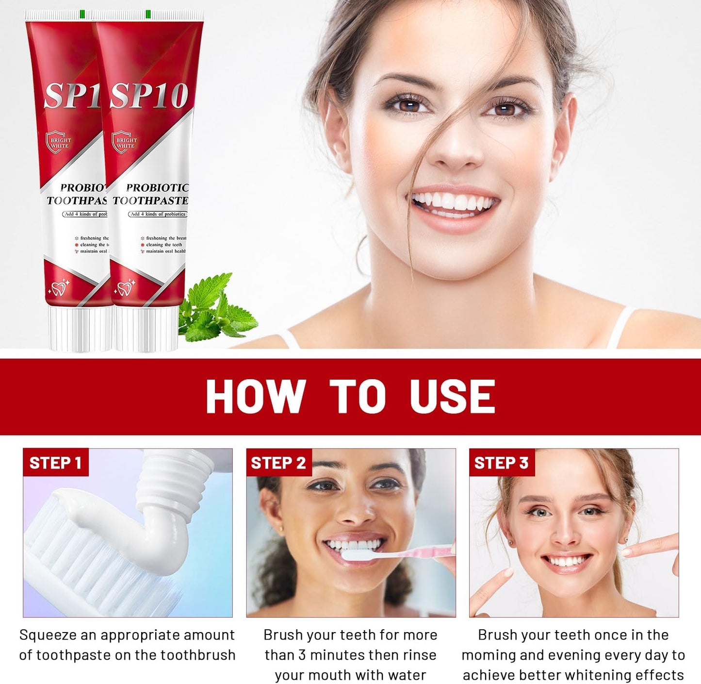 Sp10 Probiotic Bright White Toothpaste, Ultra Whitening, Fresh Breath, Deep Cleaning Care (2Pcs)
