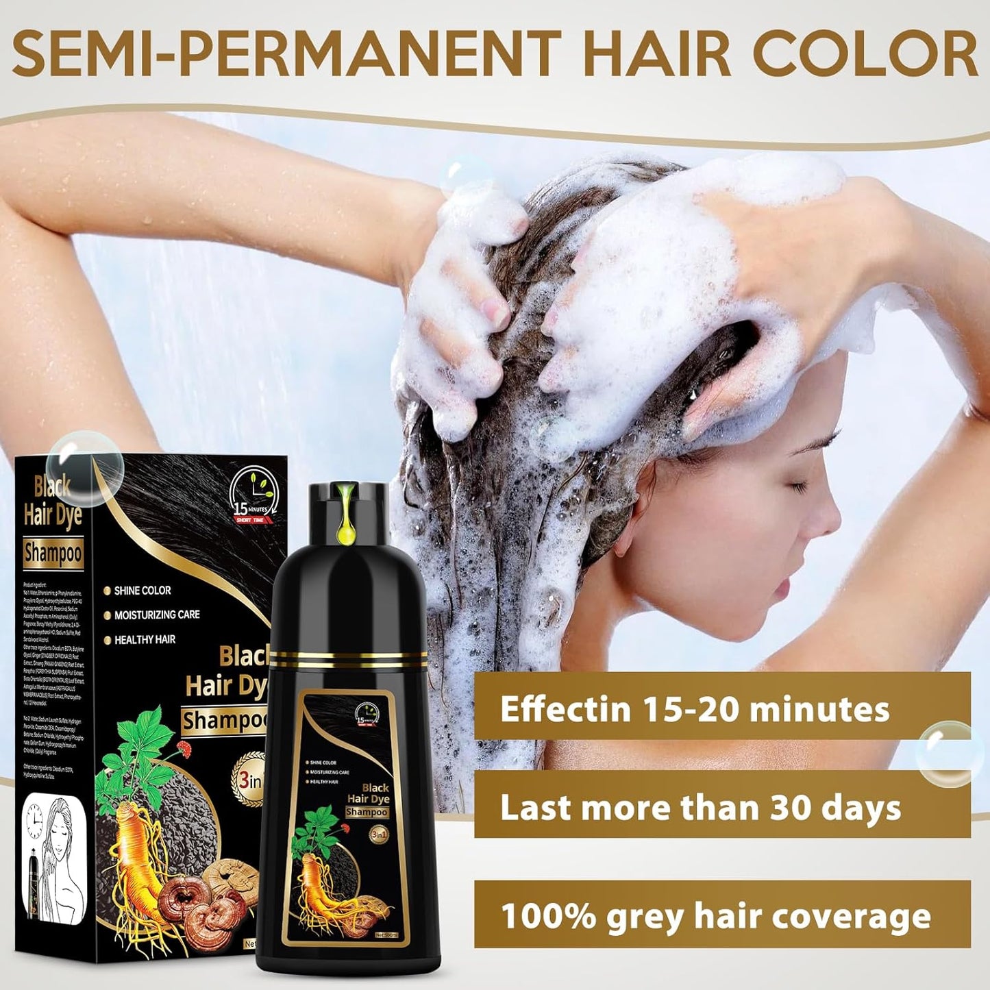 Hair Dye Shampoo for Gray Hair, 3 in 1 Herbal Dye for Women Men, Hair Color Shampoo 500Ml (Black)