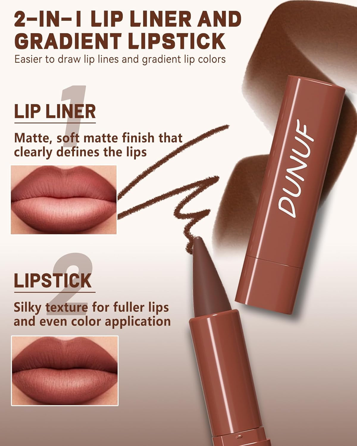 3 Colors Nude Matte Gradient Lipstick and Lip Liner Set, High Pigmented Velvet Smooth Red Lip Crayon Liner Makeup Pen, Women Long Lasting Smudge Proof Brown Lipstick and Lip Liners Combo,02+04+08