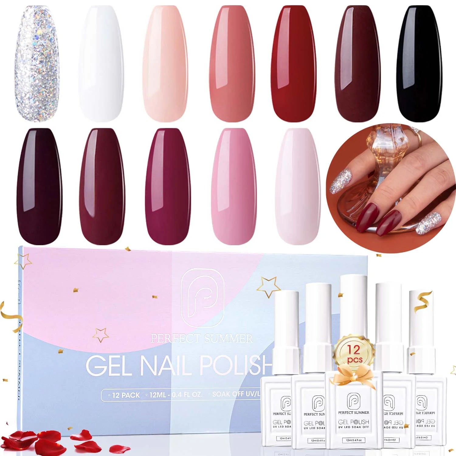 Gel Nail Polish, 12 Colors Gel Polish Red Pink Black White Glitters Soak off Nail Gel Polish Set, UV Nail Gel DIY Home Salon Manicure Gifts for Women Girls