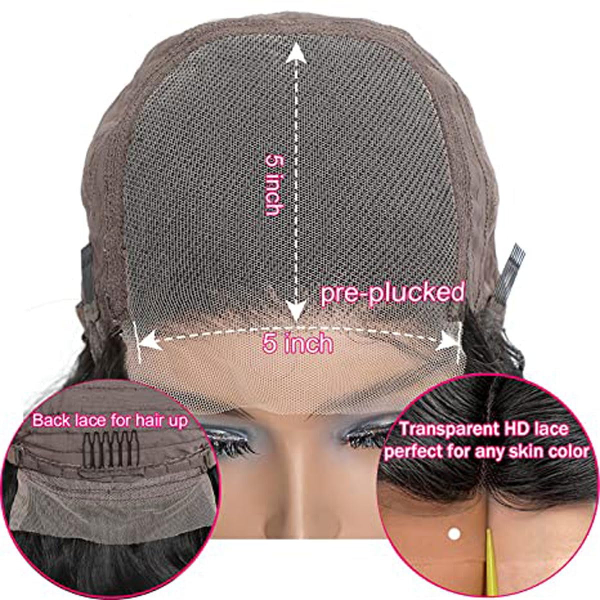 5X5 Deep Wave Lace Closure Wigs Human Hair Real Unprocessed Virgin Hair Human Hair with Baby Hair Glueless Wig for Women Brazilian Remy Human Hair Wig 18 Inch