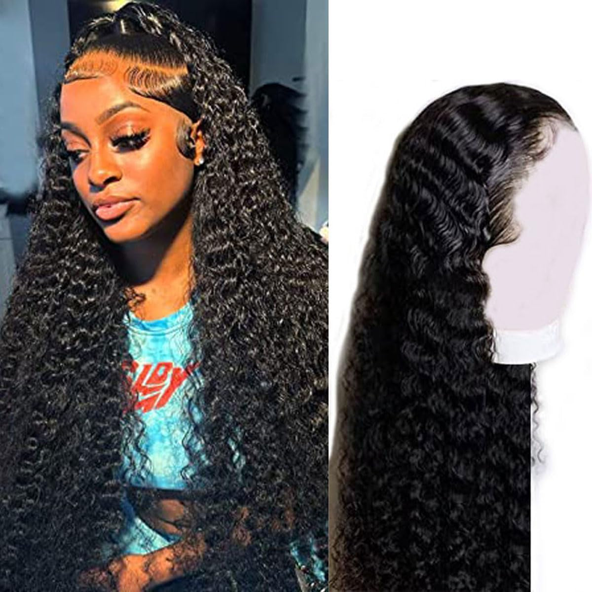 5X5 Deep Wave Lace Closure Wigs Human Hair Real Unprocessed Virgin Hair Human Hair with Baby Hair Glueless Wig for Women Brazilian Remy Human Hair Wig 18 Inch
