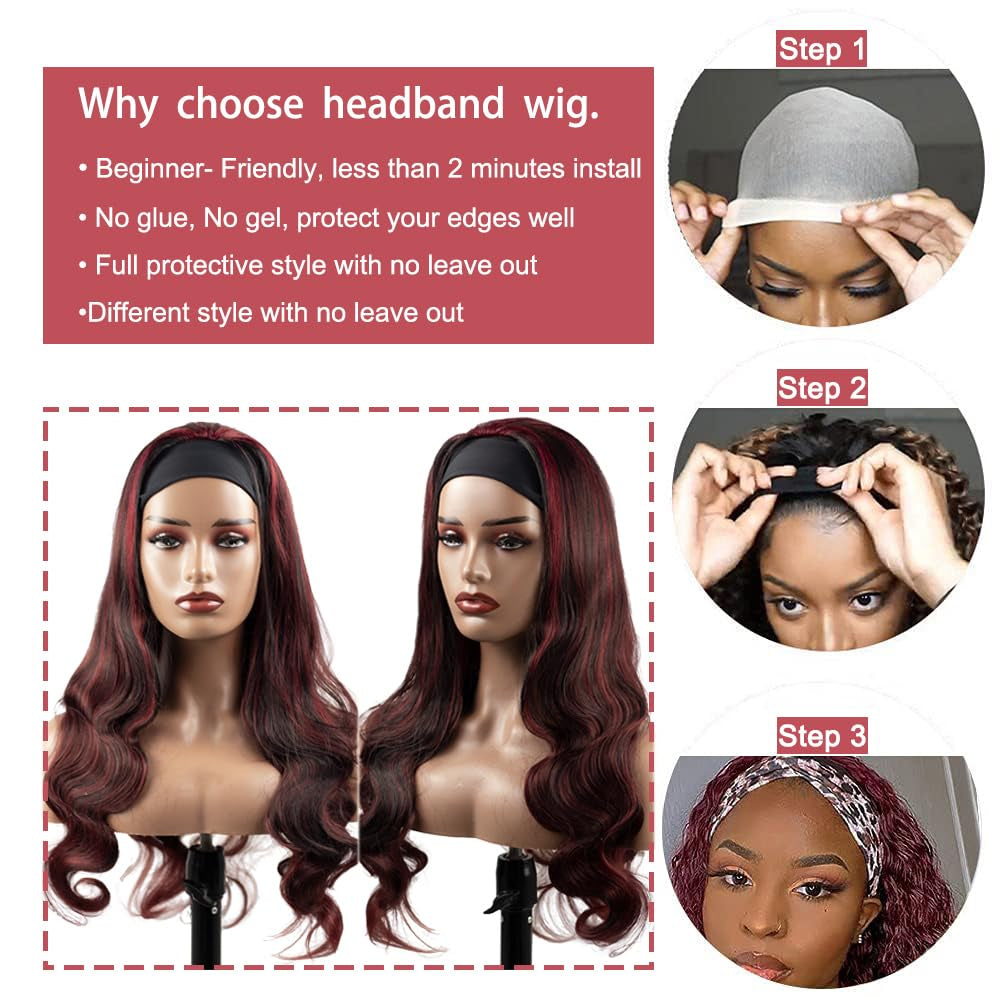 #1B/99J Highlight Headband Wig Human Hair Burgundy 150% Density Brazilain Virgin Hair Glueless None Lace Wig Machine Made Headband Wig 30 Inch Body Wave Red Headband Wig Human Hair