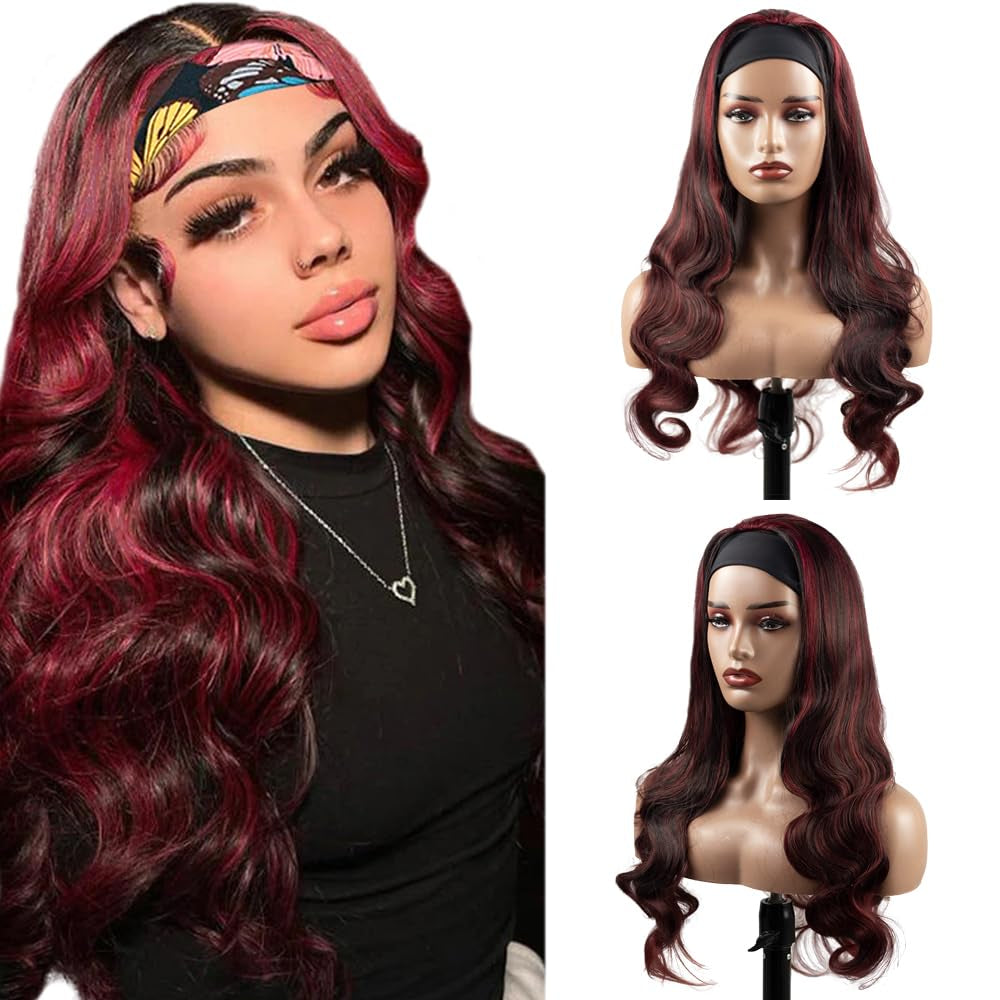 #1B/99J Highlight Headband Wig Human Hair Burgundy 150% Density Brazilain Virgin Hair Glueless None Lace Wig Machine Made Headband Wig 30 Inch Body Wave Red Headband Wig Human Hair