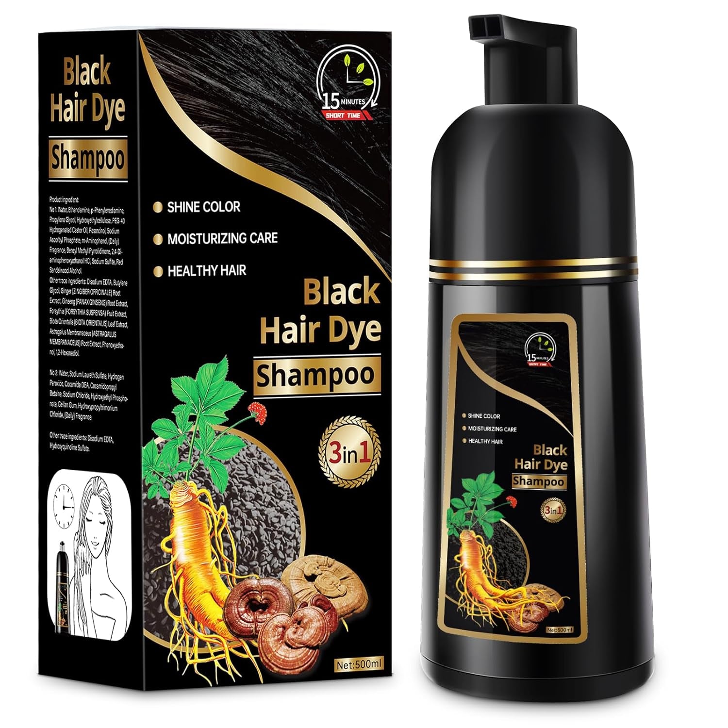 Hair Dye Shampoo for Gray Hair, 3 in 1 Herbal Dye for Women Men, Hair Color Shampoo 500Ml (Black)