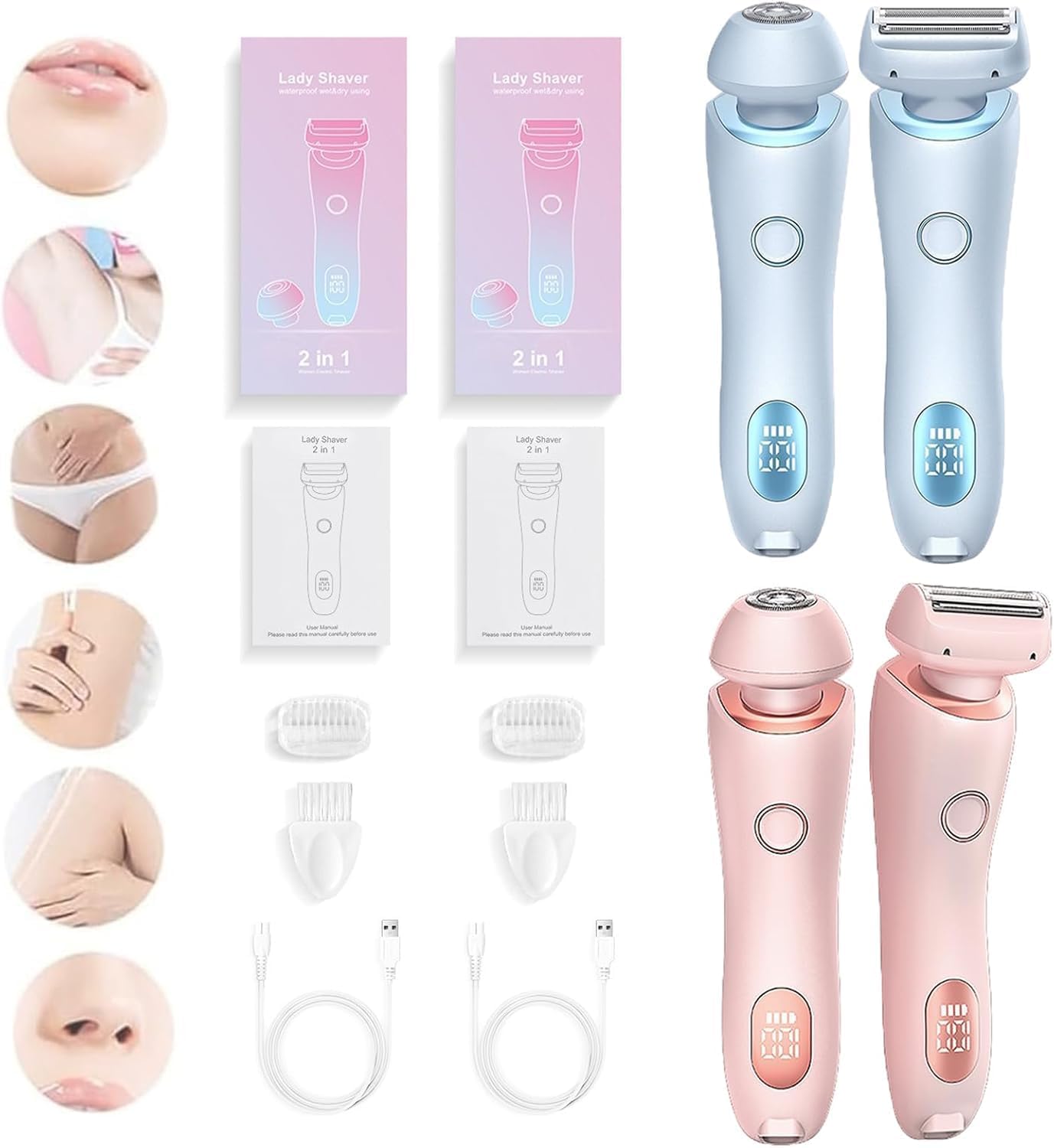 2 in 1 Hair Removal Epilator USB Rechargeable Trimmer Women Body Razor Face Leg Armpit Bikini Hand Pubic Shaver Hair Remover