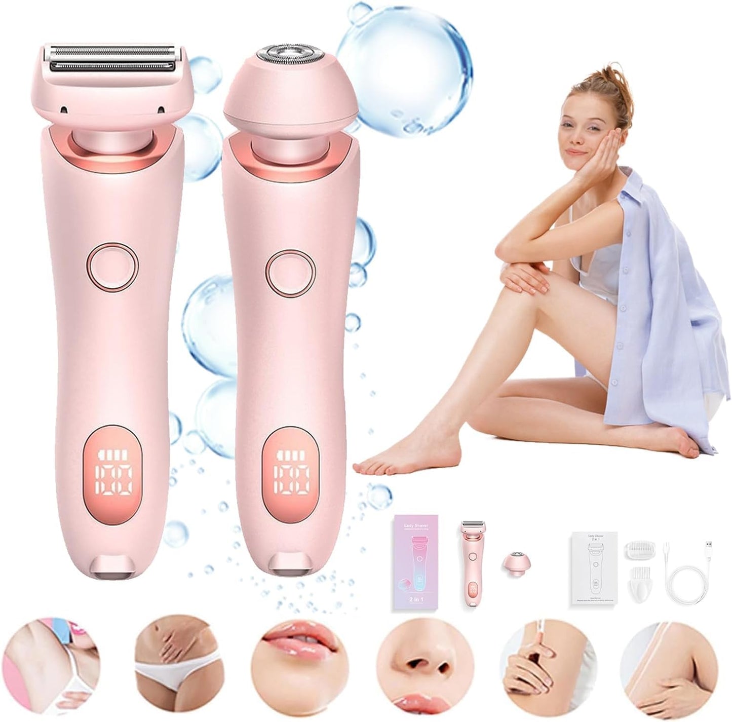 2 in 1 Hair Removal Epilator USB Rechargeable Trimmer Women Body Razor Face Leg Armpit Bikini Hand Pubic Shaver Hair Remover