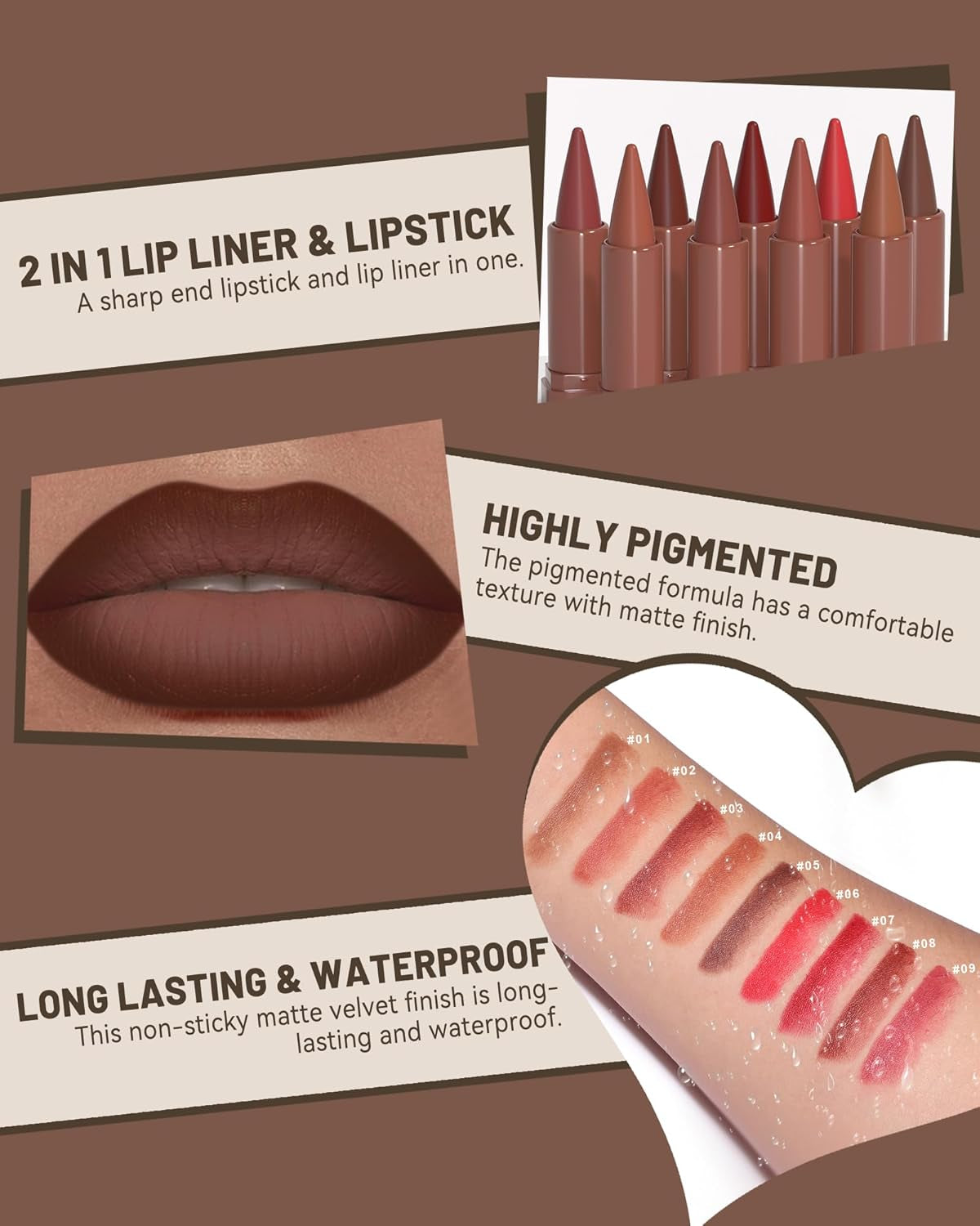 3 Colors Nude Matte Gradient Lipstick and Lip Liner Set, High Pigmented Velvet Smooth Red Lip Crayon Liner Makeup Pen, Women Long Lasting Smudge Proof Brown Lipstick and Lip Liners Combo,02+04+08