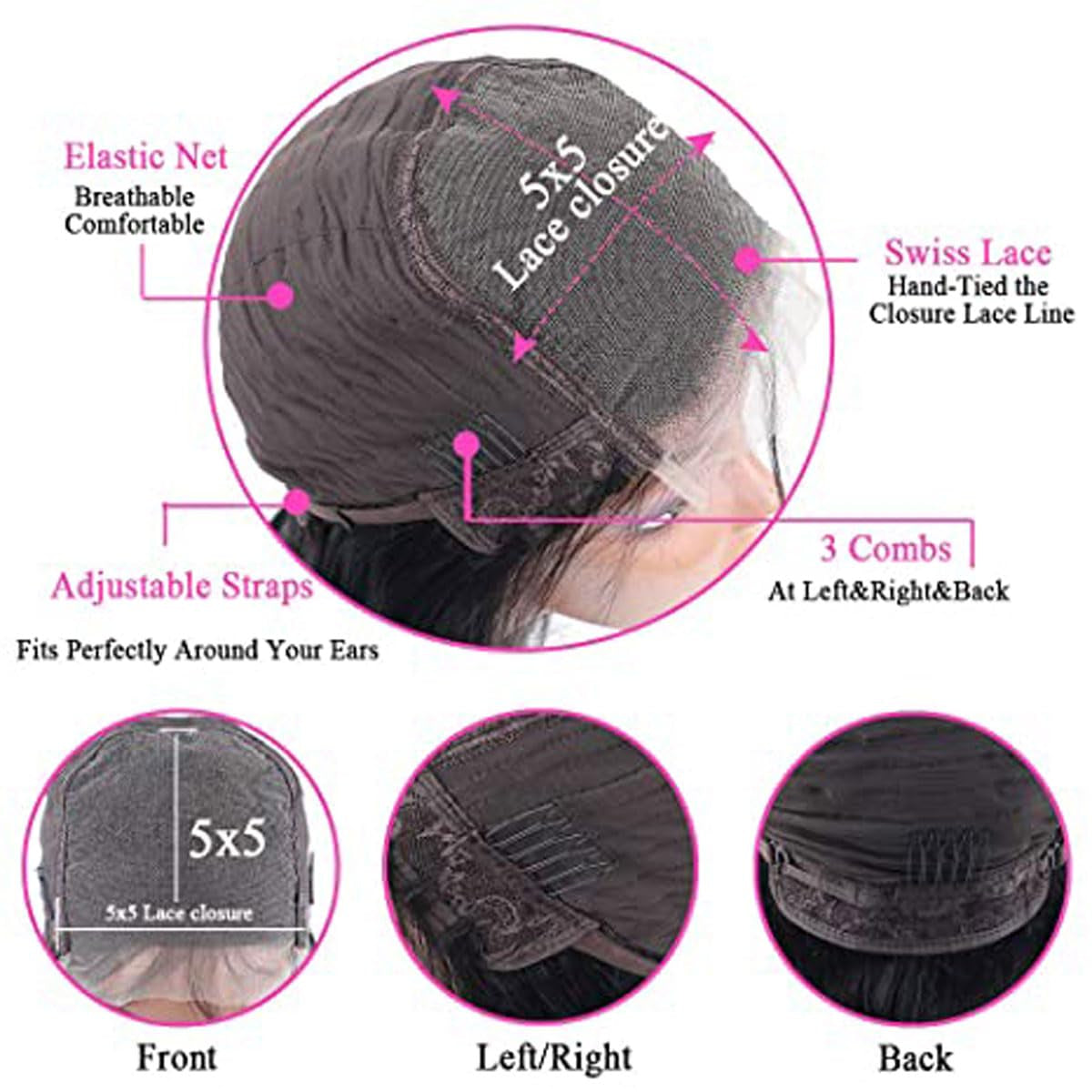 5X5 Deep Wave Lace Closure Wigs Human Hair Real Unprocessed Virgin Hair Human Hair with Baby Hair Glueless Wig for Women Brazilian Remy Human Hair Wig 18 Inch