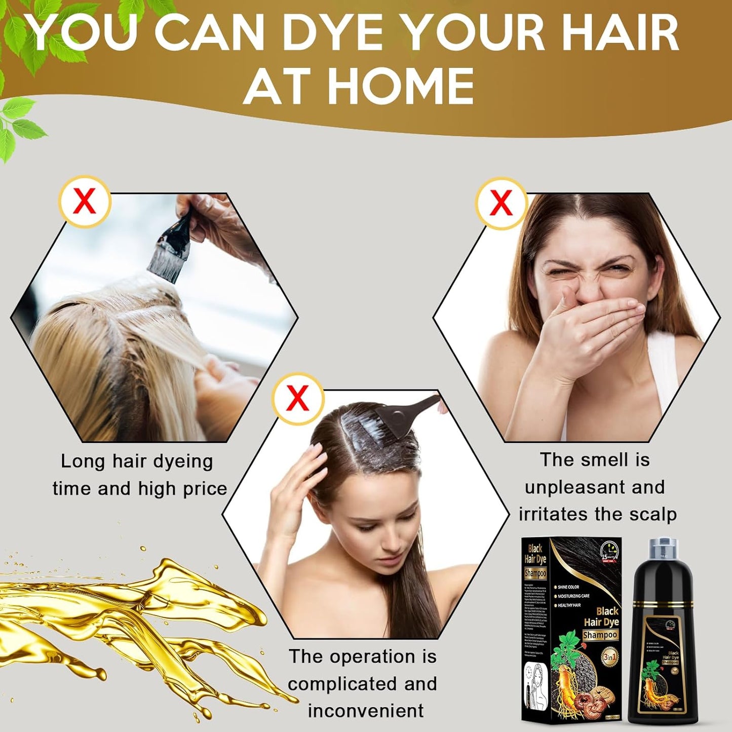 Hair Dye Shampoo for Gray Hair, 3 in 1 Herbal Dye for Women Men, Hair Color Shampoo 500Ml (Black)