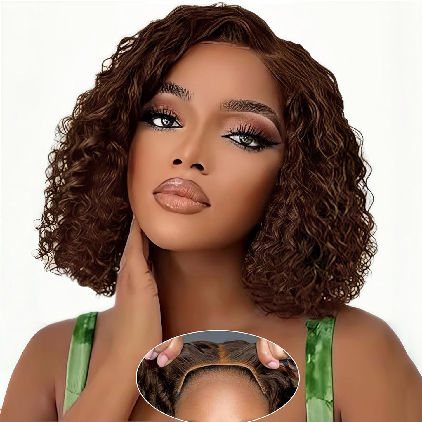 Bob Wig Human Hair Glueless Wigs Human Hair Pre Plucked Pre Cut Water Wave Chocolate Brown Lace Front Wig for Women Curly Wig Human Hair Wear and Go Colored #4 Pre Plucked HD Lace 14Inch