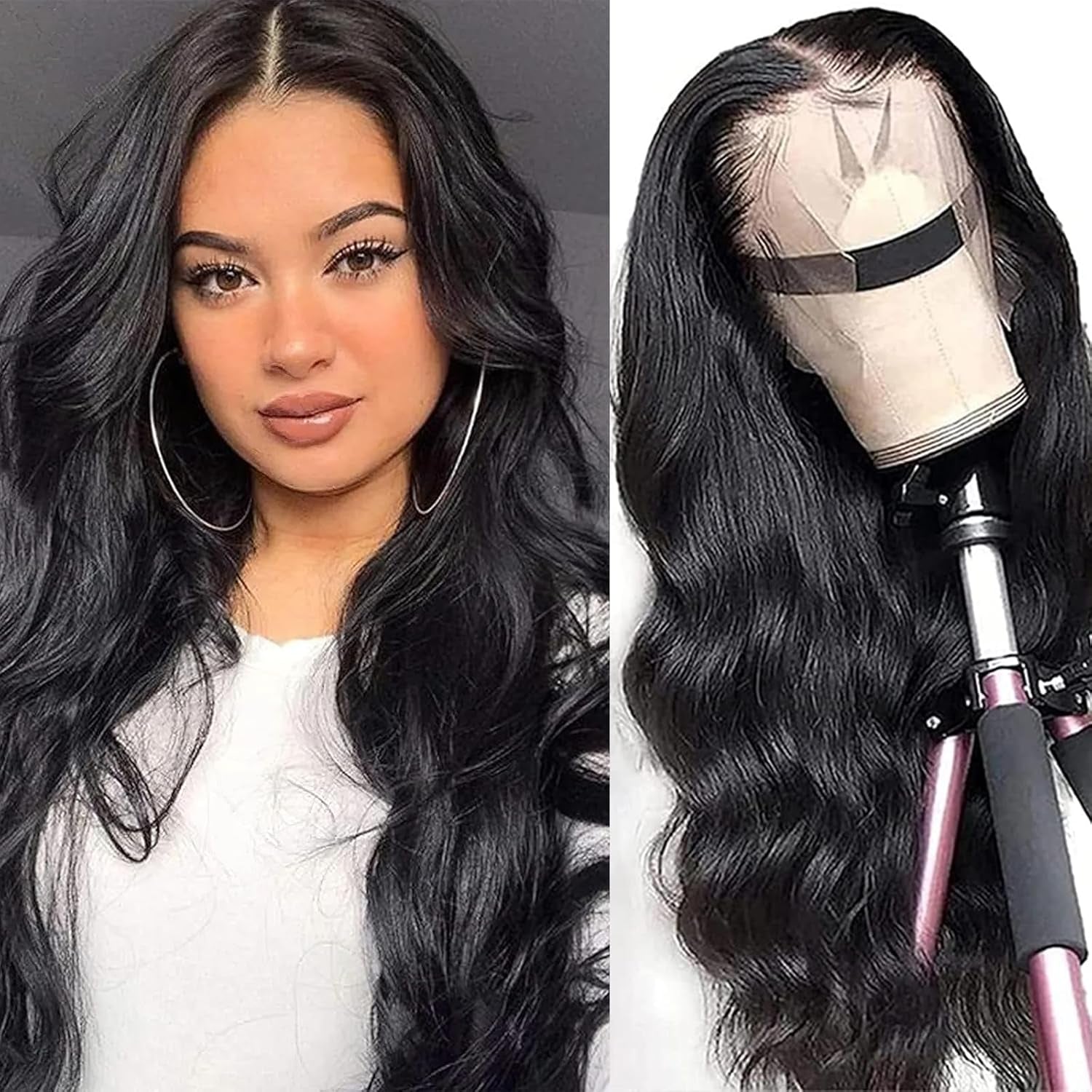 Lace Front Wigs Synthetic Artificial Human Hair Pre Plucked Natural Glueless Body Wave Frontal Wigs Black HD Transparent Lace Wigs High-Density Emulation for Women Girls Daily Use 25 Inch