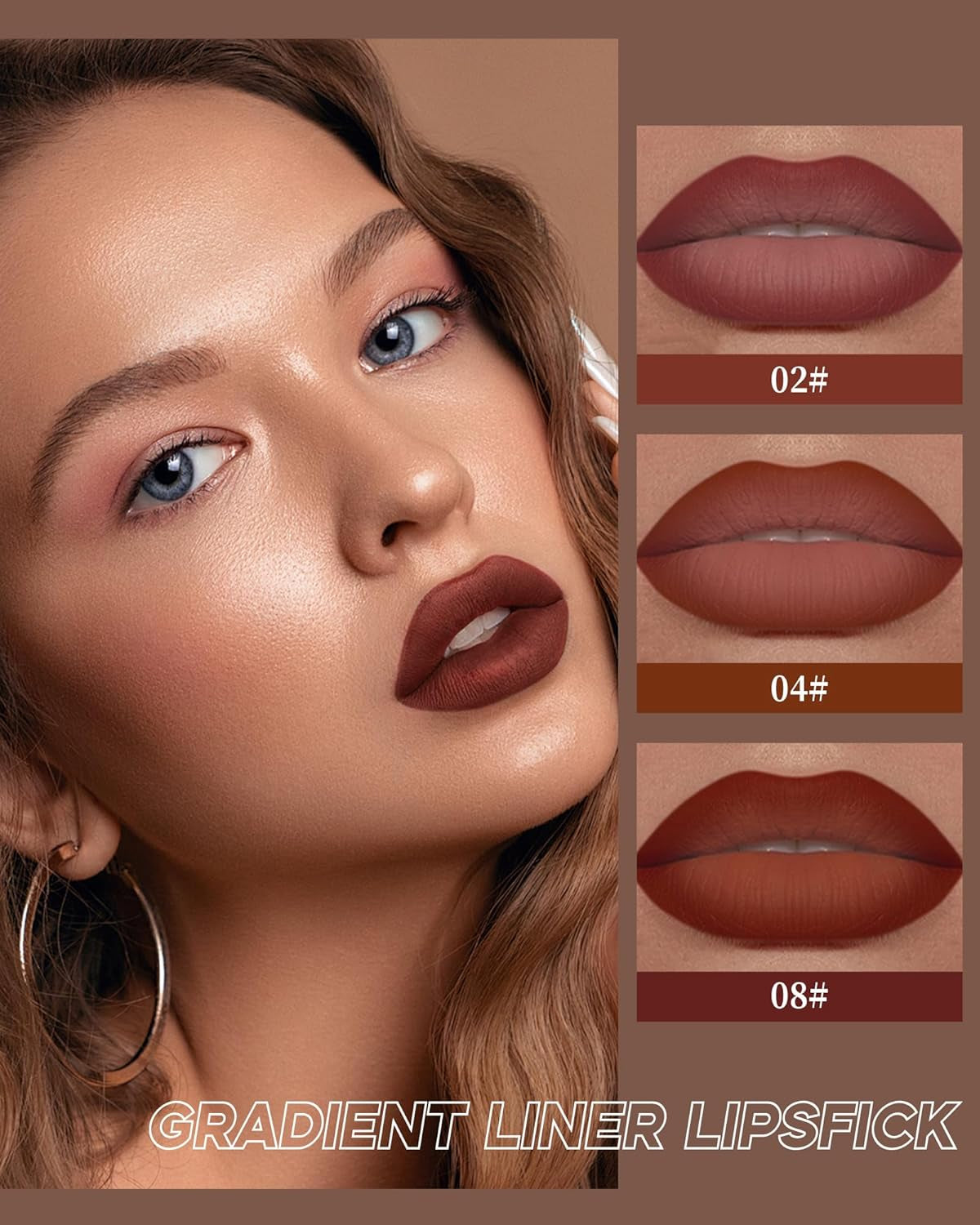 3 Colors Nude Matte Gradient Lipstick and Lip Liner Set, High Pigmented Velvet Smooth Red Lip Crayon Liner Makeup Pen, Women Long Lasting Smudge Proof Brown Lipstick and Lip Liners Combo,02+04+08