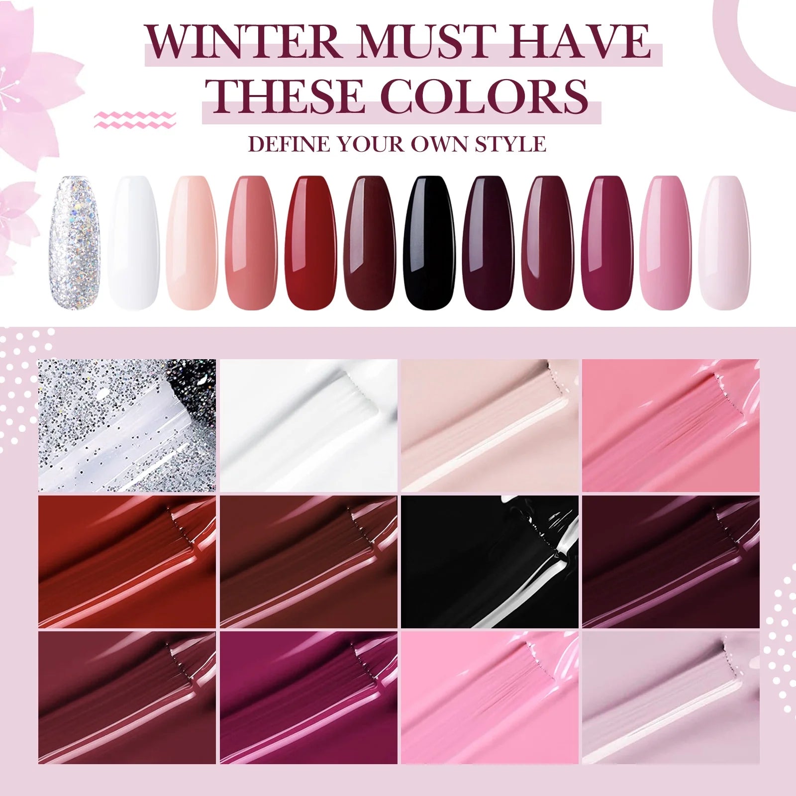 Gel Nail Polish, 12 Colors Gel Polish Red Pink Black White Glitters Soak off Nail Gel Polish Set, UV Nail Gel DIY Home Salon Manicure Gifts for Women Girls