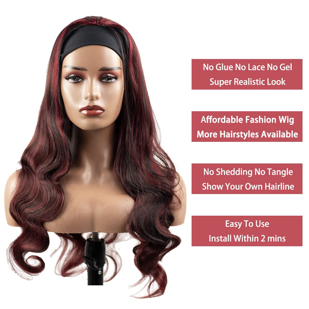#1B/99J Highlight Headband Wig Human Hair Burgundy 150% Density Brazilain Virgin Hair Glueless None Lace Wig Machine Made Headband Wig 30 Inch Body Wave Red Headband Wig Human Hair