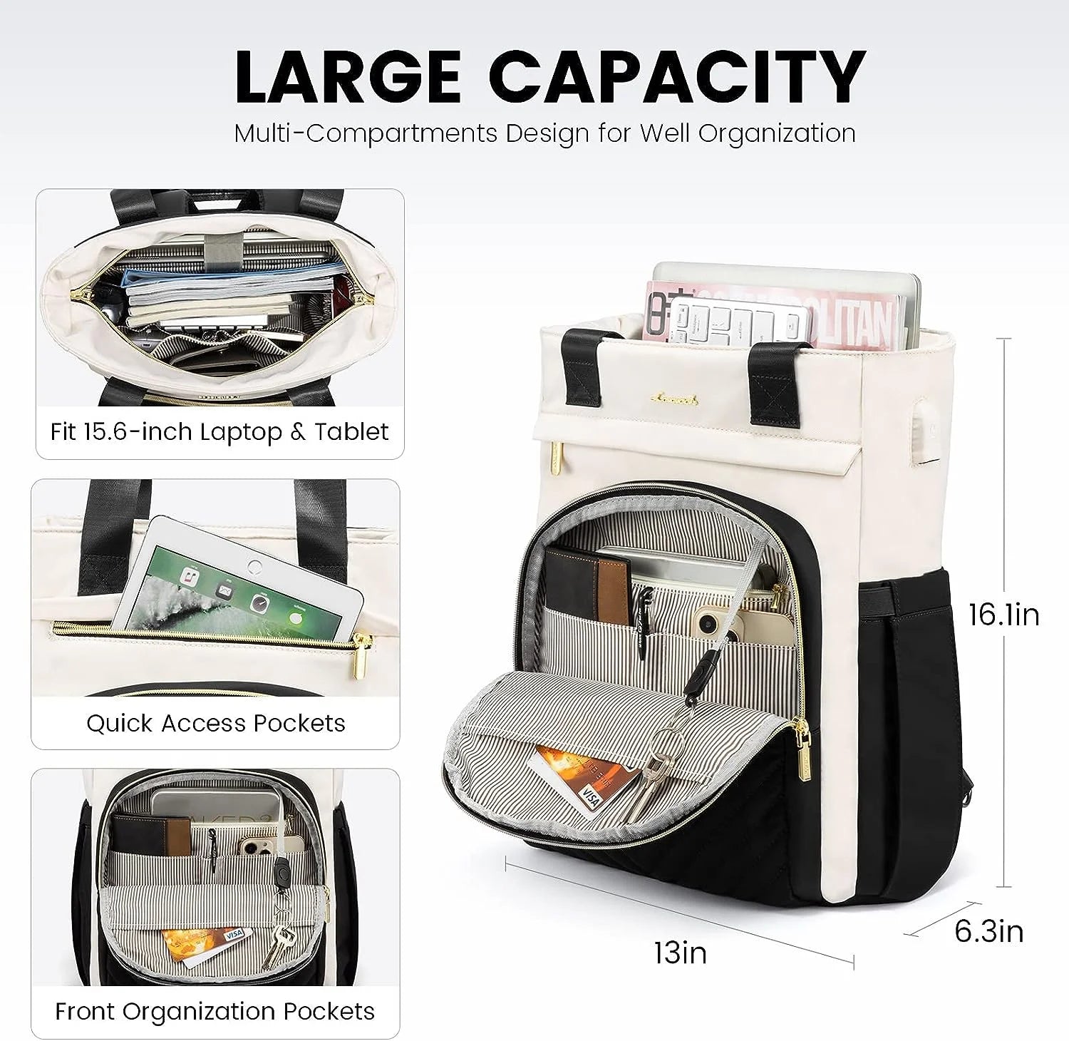 Laptop Backpack 15.6",3 in 1 Design Wide Top Open Women Backpack Purses,Women Teacher Nurse Work Business Tote Bag,College Travel Computer Bag with USB Port