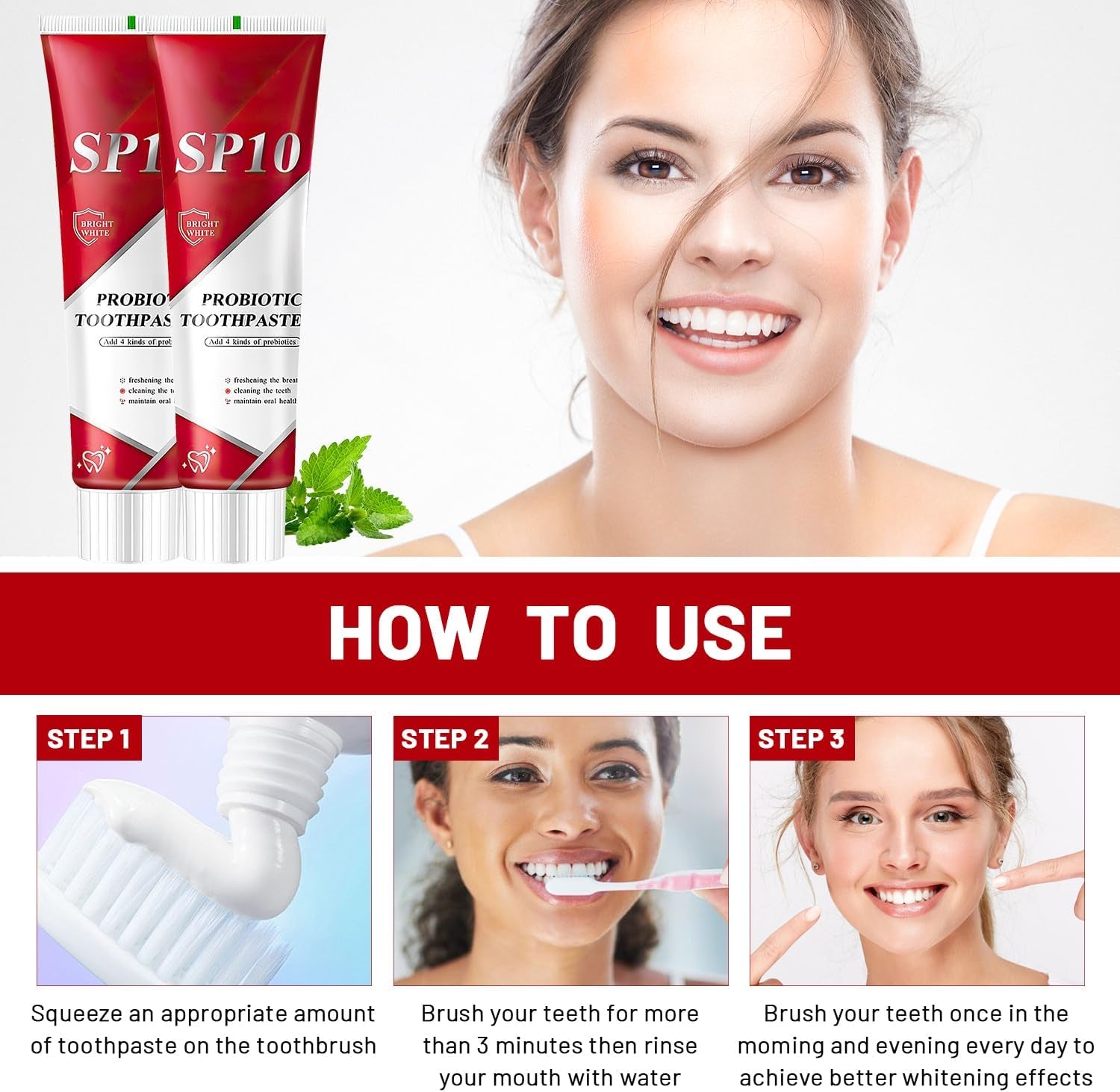 Sp10 Probiotic Bright White Toothpaste, Ultra Whitening, Fresh Breath, Deep Cleaning Care (2Pcs)